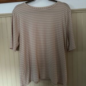 Garnet Hill Tan and white 3/4 Sleeve Boxy T-Shirt Pima cotton blend